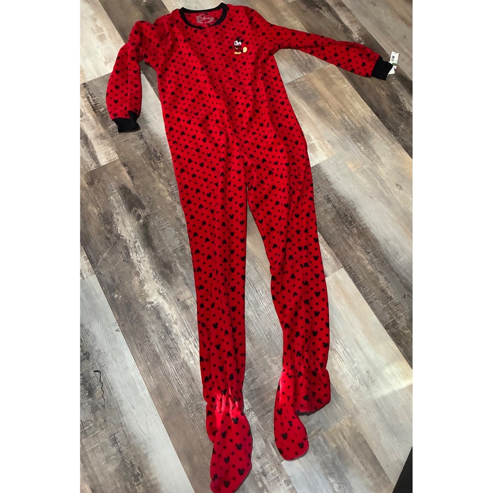 Disney Mickey Mouse Women Red Fleece Footed Pajamas Union Suit Large NWT